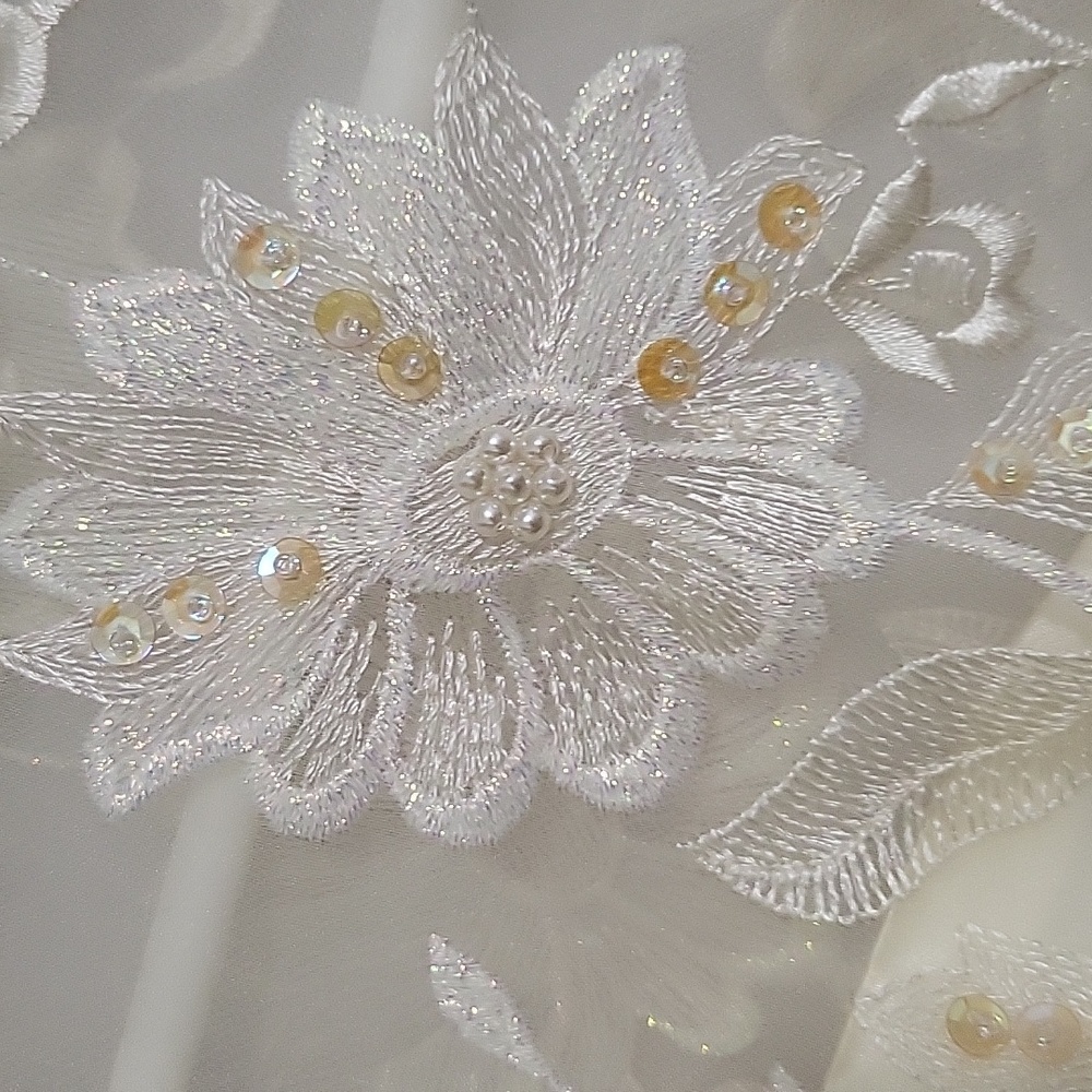 Wedding Dress Womans Sz. M Custom Made Lace Sequins & Beading Puff Sleeve Vint. - Picture 15 of 16